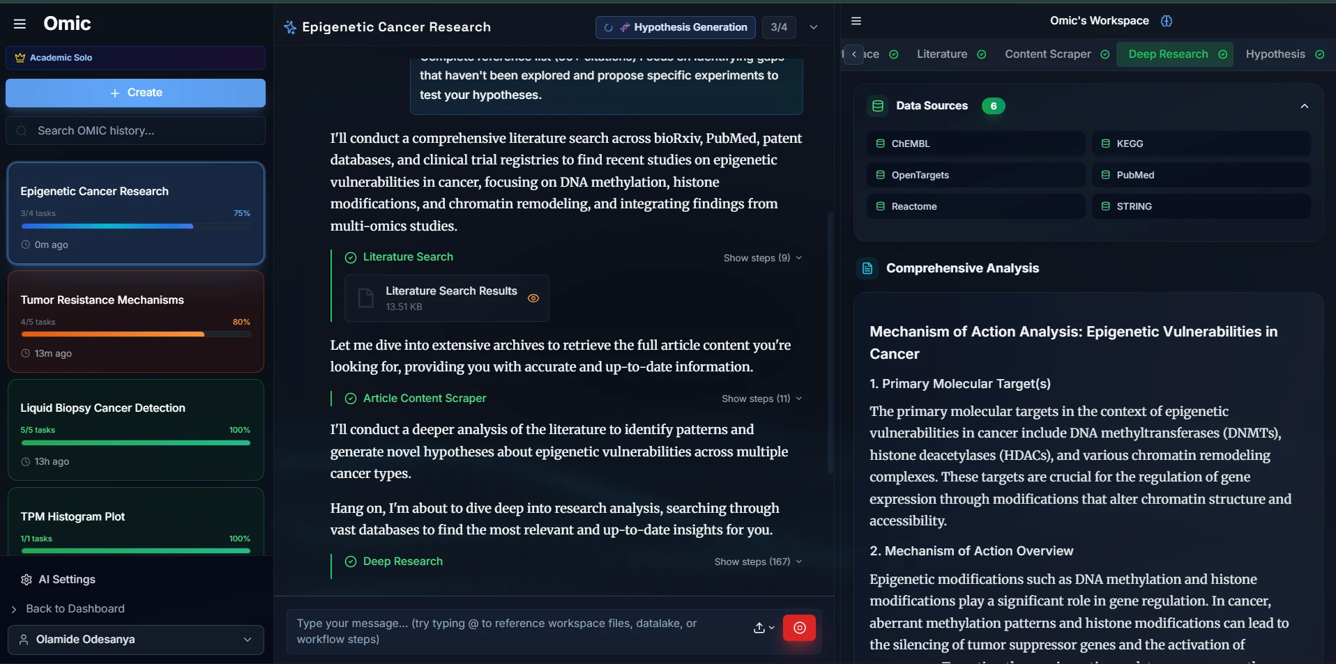 Omic Discover running a literature search across six data sources with a comprehensive analysis alongside.