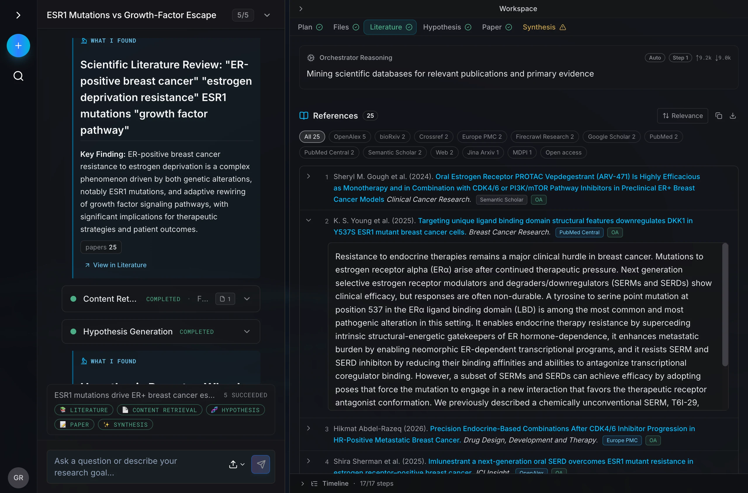An Omic run with its stages marked complete, literature through synthesis, beside the 25 ranked references it kept and the passage one claim rests on.